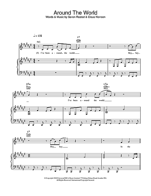 Preview Aqua Around The World Pop sheet music, notes and chords for Piano, Vocal & Guitar, SKU: 18495 sheet music, piano notes, chords, guitar tabs, score, transpose, transcribe, how to play, guide, download, learn, tutorial, progression, song, artist, awards, billboard, mtv, vh1, tour, single, album, release