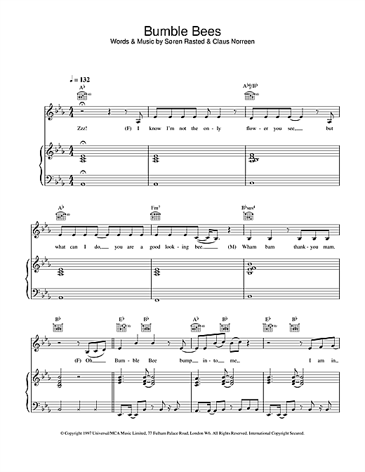 Preview Aqua Bumble Bees Pop sheet music, notes and chords for Piano, Vocal & Guitar, SKU: 18498 sheet music, piano notes, chords, guitar tabs, score, transpose, transcribe, how to play, guide, download, learn, tutorial, progression, song, artist, awards, billboard, mtv, vh1, tour, single, album, release