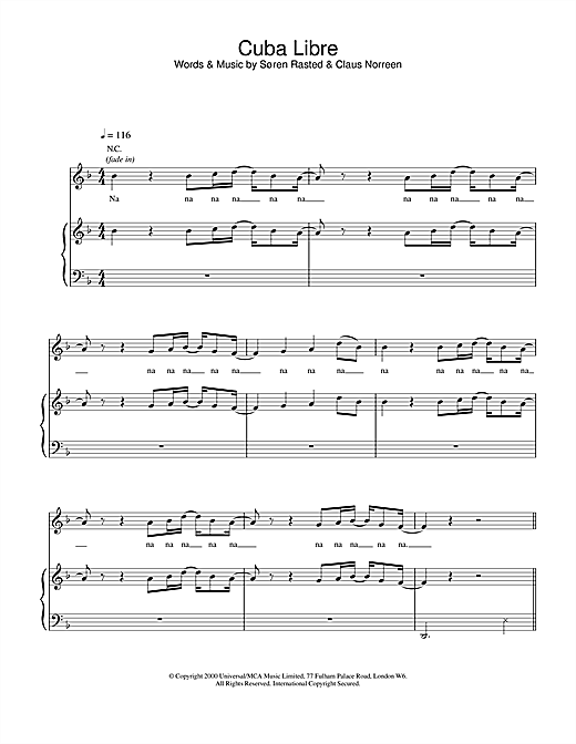 Preview Aqua Cuba Libre Pop sheet music, notes and chords for Piano, Vocal & Guitar (Right-Hand Melody), SKU: 18499 sheet music, piano notes, chords, guitar tabs, score, transpose, transcribe, how to play, guide, download, learn, tutorial, progression, song, artist, awards, billboard, mtv, vh1, tour, single, album, release