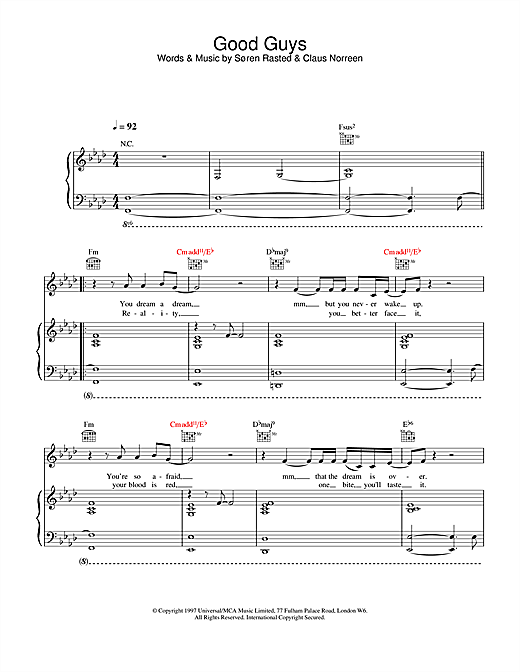 Preview Aqua Good Guys Pop sheet music, notes and chords for Piano, Vocal & Guitar, SKU: 18503 sheet music, piano notes, chords, guitar tabs, score, transpose, transcribe, how to play, guide, download, learn, tutorial, progression, song, artist, awards, billboard, mtv, vh1, tour, single, album, release