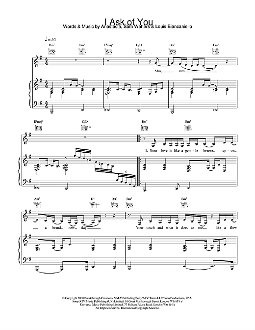 Preview Anastacia I Ask Of You R & B sheet music, notes and chords for Piano, Vocal & Guitar, SKU: 18511 sheet music, piano notes, chords, guitar tabs, score, transpose, transcribe, how to play, guide, download, learn, tutorial, progression, song, artist, awards, billboard, mtv, vh1, tour, single, album, release