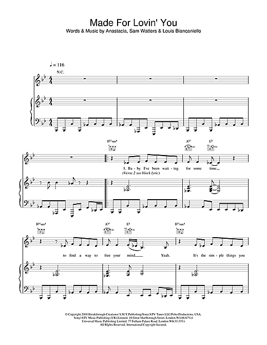 Preview Anastacia Made For Loving You R & B sheet music, notes and chords for Piano, Vocal & Guitar, SKU: 18513 sheet music, piano notes, chords, guitar tabs, score, transpose, transcribe, how to play, guide, download, learn, tutorial, progression, song, artist, awards, billboard, mtv, vh1, tour, single, album, release
