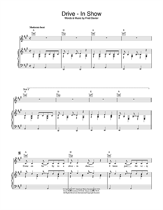 Preview Eddie Cochran Drive-In Show Rock N Roll sheet music, notes and chords for Piano, Vocal & Guitar (Right-Hand Melody), SKU: 18515 sheet music, piano notes, chords, guitar tabs, score, transpose, transcribe, how to play, guide, download, learn, tutorial, progression, song, artist, awards, billboard, mtv, vh1, tour, single, album, release