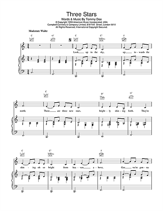 Preview Eddie Cochran Three Stars Rock N Roll sheet music, notes and chords for Piano, Vocal & Guitar (Right-Hand Melody), SKU: 18521 sheet music, piano notes, chords, guitar tabs, score, transpose, transcribe, how to play, guide, download, learn, tutorial, progression, song, artist, awards, billboard, mtv, vh1, tour, single, album, release