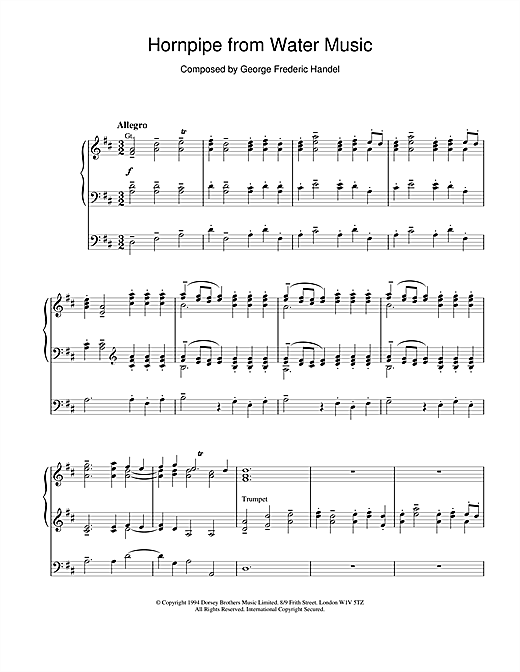 Preview George Frideric Handel Hornpipe (from The Water Music Suite) Classical sheet music, notes and chords for Organ, SKU: 18536 sheet music, piano notes, chords, guitar tabs, score, transpose, transcribe, how to play, guide, download, learn, tutorial, progression, song, artist, awards, billboard, mtv, vh1, tour, single, album, release