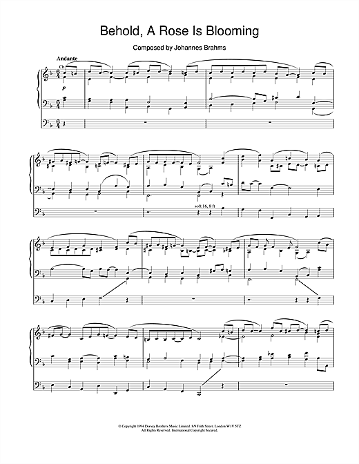 Preview Johannes Brahms Behold, A Rose Is Blooming Classical sheet music, notes and chords for Organ, SKU: 18543 sheet music, piano notes, chords, guitar tabs, score, transpose, transcribe, how to play, guide, download, learn, tutorial, progression, song, artist, awards, billboard, mtv, vh1, tour, single, album, release