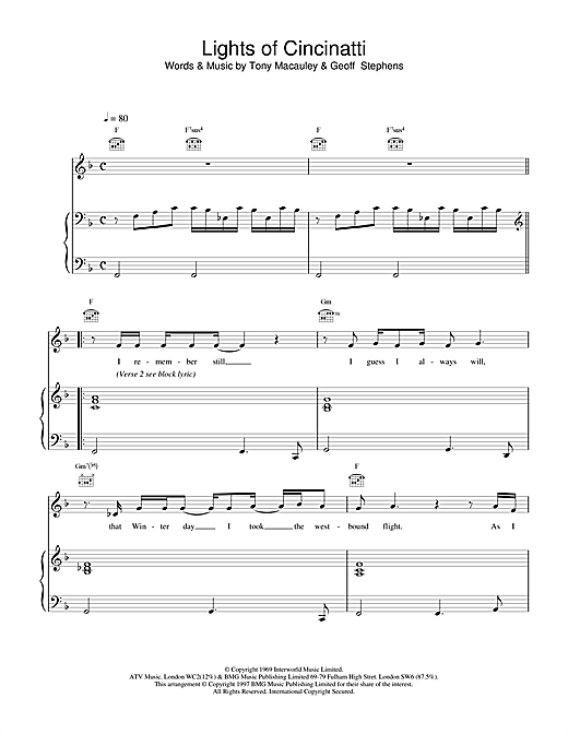 Preview Scott Walker Lights of Cincinatti Rock sheet music, notes and chords for Piano, Vocal & Guitar (Right-Hand Melody), SKU: 18553 sheet music, piano notes, chords, guitar tabs, score, transpose, transcribe, how to play, guide, download, learn, tutorial, progression, song, artist, awards, billboard, mtv, vh1, tour, single, album, release