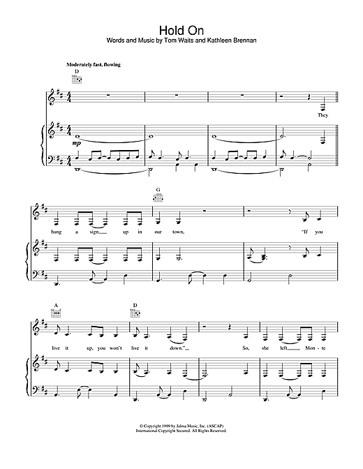 Preview Tom Waits Hold On Rock sheet music, notes and chords for Piano, Vocal & Guitar (Right-Hand Melody), SKU: 18560 sheet music, piano notes, chords, guitar tabs, score, transpose, transcribe, how to play, guide, download, learn, tutorial, progression, song, artist, awards, billboard, mtv, vh1, tour, single, album, release