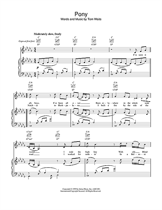 Preview Tom Waits Pony Rock sheet music, notes and chords for Piano, Vocal & Guitar (Right-Hand Melody), SKU: 18561 sheet music, piano notes, chords, guitar tabs, score, transpose, transcribe, how to play, guide, download, learn, tutorial, progression, song, artist, awards, billboard, mtv, vh1, tour, single, album, release