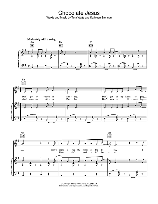 Preview Tom Waits Chocolate Jesus Rock sheet music, notes and chords for Piano, Vocal & Guitar (Right-Hand Melody), SKU: 18566 sheet music, piano notes, chords, guitar tabs, score, transpose, transcribe, how to play, guide, download, learn, tutorial, progression, song, artist, awards, billboard, mtv, vh1, tour, single, album, release
