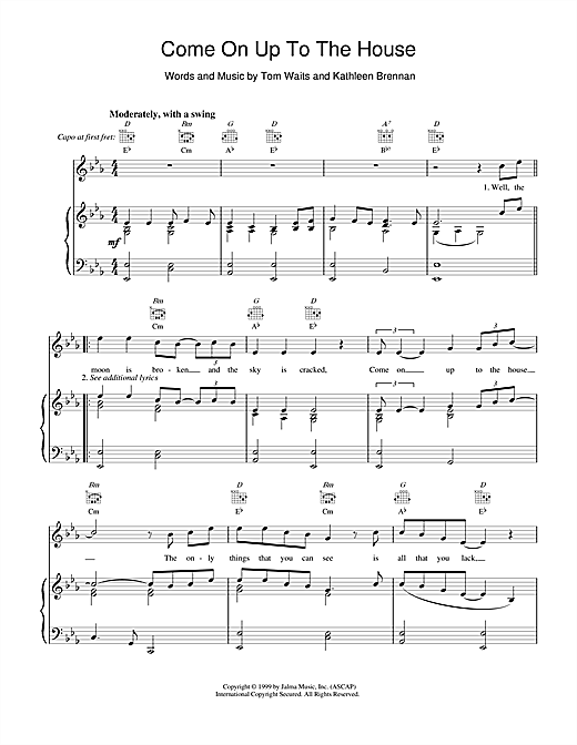 Preview Tom Waits Come On up to the House Rock sheet music, notes and chords for Piano, Vocal & Guitar (Right-Hand Melody), SKU: 18568 sheet music, piano notes, chords, guitar tabs, score, transpose, transcribe, how to play, guide, download, learn, tutorial, progression, song, artist, awards, billboard, mtv, vh1, tour, single, album, release