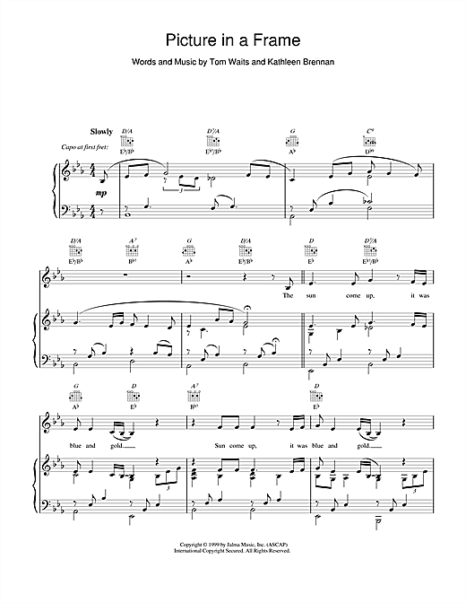 Preview Tom Waits Picture in a Frame Rock sheet music, notes and chords for Piano, Vocal & Guitar (Right-Hand Melody), SKU: 18571 sheet music, piano notes, chords, guitar tabs, score, transpose, transcribe, how to play, guide, download, learn, tutorial, progression, song, artist, awards, billboard, mtv, vh1, tour, single, album, release