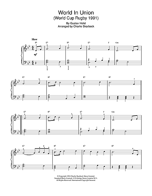 Preview Gustav Holst World In Union (World Cup Rugby 1991) Classical sheet music, notes and chords for Piano, SKU: 18573 sheet music, piano notes, chords, guitar tabs, score, transpose, transcribe, how to play, guide, download, learn, tutorial, progression, song, artist, awards, billboard, mtv, vh1, tour, single, album, release