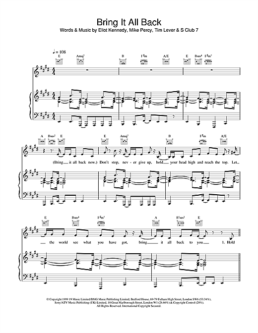 Preview S Club 7 Bring It All Back Pop sheet music, notes and chords for Piano, Vocal & Guitar, SKU: 18586 sheet music, piano notes, chords, guitar tabs, score, transpose, transcribe, how to play, guide, download, learn, tutorial, progression, song, artist, awards, billboard, mtv, vh1, tour, single, album, release