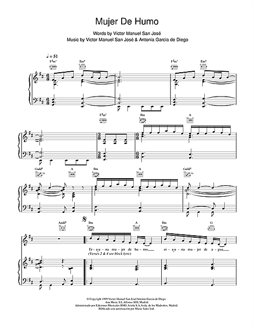 Preview Victor Manuel San Jose Mujer De Humo Rock sheet music, notes and chords for Piano, Vocal & Guitar, SKU: 18593 sheet music, piano notes, chords, guitar tabs, score, transpose, transcribe, how to play, guide, download, learn, tutorial, progression, song, artist, awards, billboard, mtv, vh1, tour, single, album, release