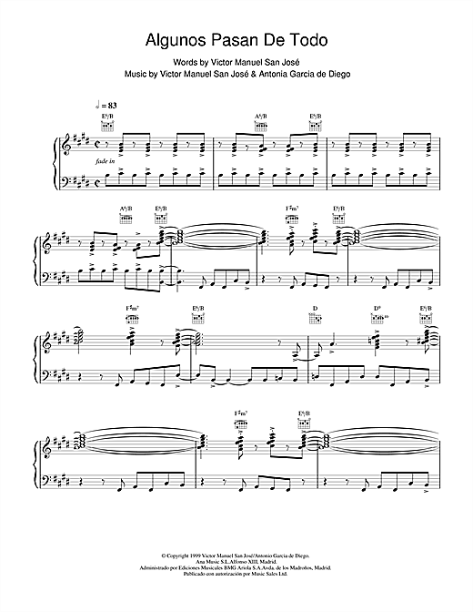 Preview Victor Manuel San Jose Algunos Pasan De Todo Rock sheet music, notes and chords for Piano, Vocal & Guitar, SKU: 18595 sheet music, piano notes, chords, guitar tabs, score, transpose, transcribe, how to play, guide, download, learn, tutorial, progression, song, artist, awards, billboard, mtv, vh1, tour, single, album, release