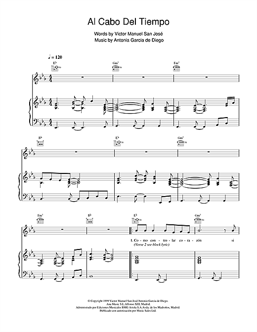 Preview Victor Manuel San José Al Cabo Del Tiempo Rock sheet music, notes and chords for Piano, Vocal & Guitar, SKU: 18596 sheet music, piano notes, chords, guitar tabs, score, transpose, transcribe, how to play, guide, download, learn, tutorial, progression, song, artist, awards, billboard, mtv, vh1, tour, single, album, release