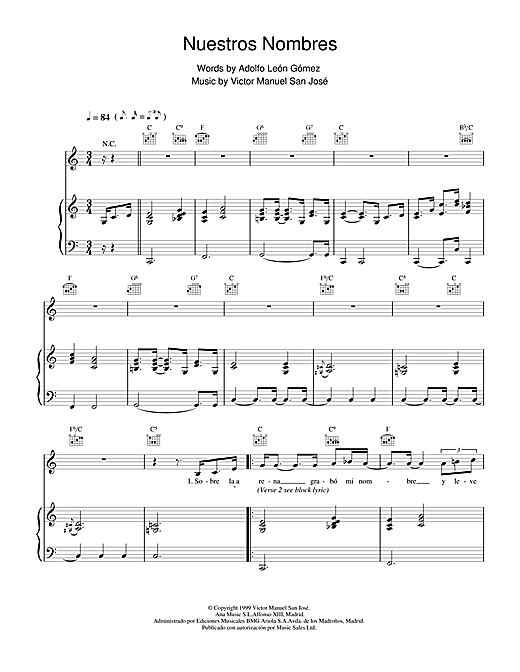 Preview Victor Manuel San José Nuestros Nombres Rock sheet music, notes and chords for Piano, Vocal & Guitar, SKU: 18602 sheet music, piano notes, chords, guitar tabs, score, transpose, transcribe, how to play, guide, download, learn, tutorial, progression, song, artist, awards, billboard, mtv, vh1, tour, single, album, release