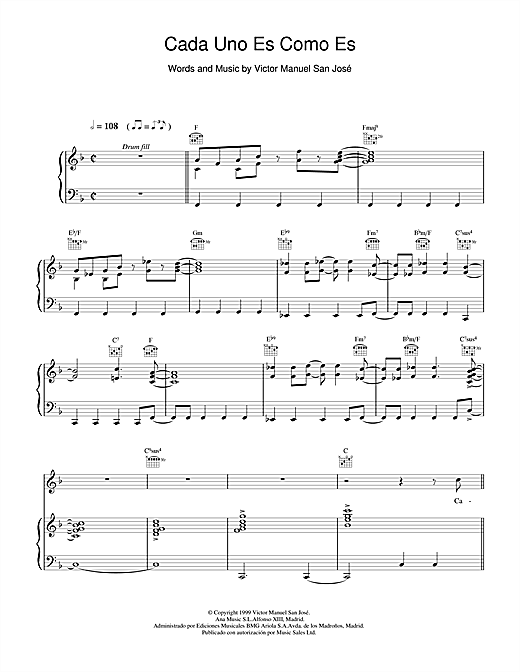 Preview Victor Manuel San Jose Cada Uno Es Como Es Rock sheet music, notes and chords for Piano, Vocal & Guitar, SKU: 18603 sheet music, piano notes, chords, guitar tabs, score, transpose, transcribe, how to play, guide, download, learn, tutorial, progression, song, artist, awards, billboard, mtv, vh1, tour, single, album, release