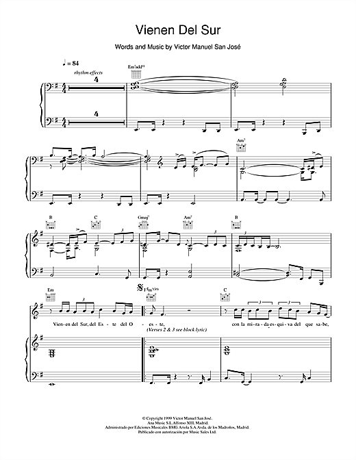Preview Victor Manuel San Jose Vienen Del Sur Rock sheet music, notes and chords for Piano, Vocal & Guitar, SKU: 18604 sheet music, piano notes, chords, guitar tabs, score, transpose, transcribe, how to play, guide, download, learn, tutorial, progression, song, artist, awards, billboard, mtv, vh1, tour, single, album, release