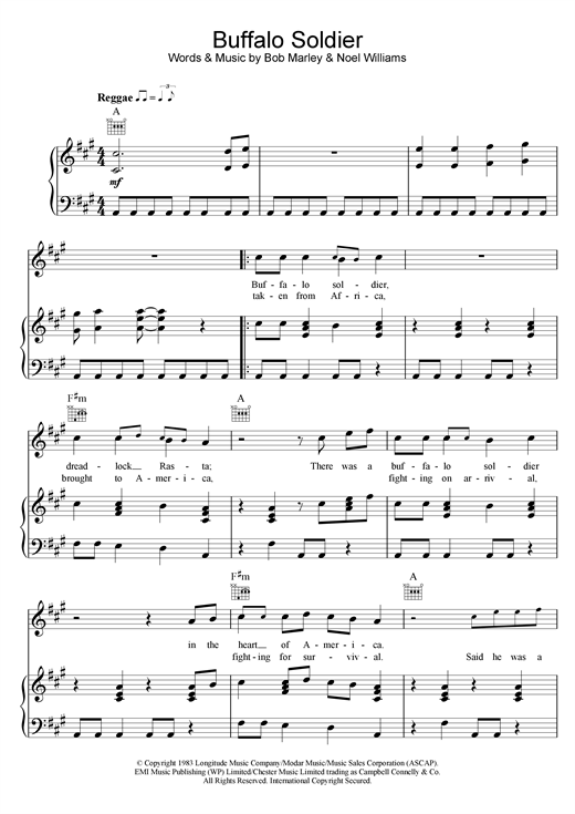 Preview Bob Marley Buffalo Soldier Reggae sheet music, notes and chords for Piano, Vocal & Guitar (Right-Hand Melody), SKU: 18605 sheet music, piano notes, chords, guitar tabs, score, transpose, transcribe, how to play, guide, download, learn, tutorial, progression, song, artist, awards, billboard, mtv, vh1, tour, single, album, release