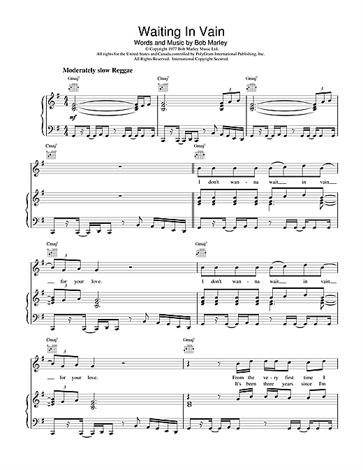 Preview Bob Marley Waiting In Vain Reggae sheet music, notes and chords for Piano, Vocal & Guitar (Right-Hand Melody), SKU: 18607 sheet music, piano notes, chords, guitar tabs, score, transpose, transcribe, how to play, guide, download, learn, tutorial, progression, song, artist, awards, billboard, mtv, vh1, tour, single, album, release