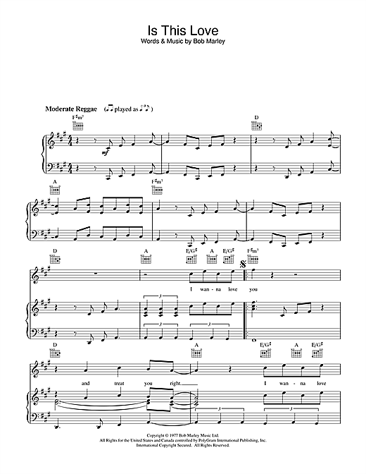 Preview Bob Marley Is This Love Reggae sheet music, notes and chords for Piano, Vocal & Guitar (Right-Hand Melody), SKU: 18613 sheet music, piano notes, chords, guitar tabs, score, transpose, transcribe, how to play, guide, download, learn, tutorial, progression, song, artist, awards, billboard, mtv, vh1, tour, single, album, release