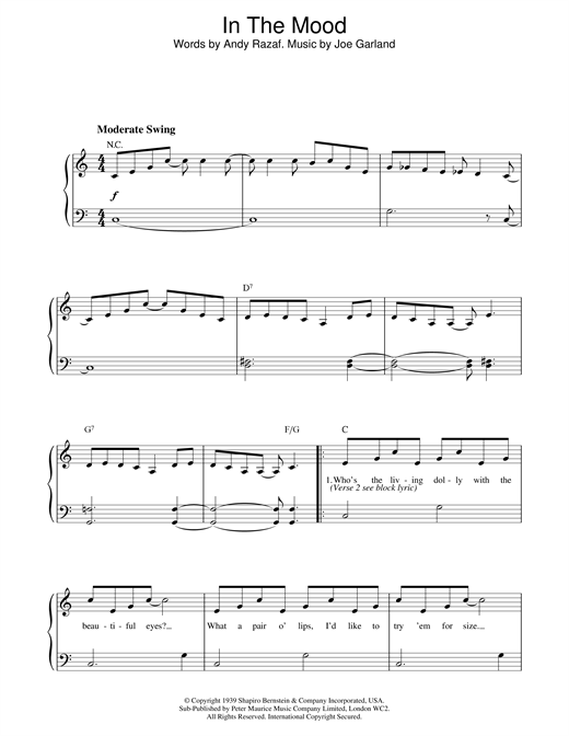 Preview Glen Miller In The Mood Jazz sheet music, notes and chords for Piano, SKU: 18625 sheet music, piano notes, chords, guitar tabs, score, transpose, transcribe, how to play, guide, download, learn, tutorial, progression, song, artist, awards, billboard, mtv, vh1, tour, single, album, release
