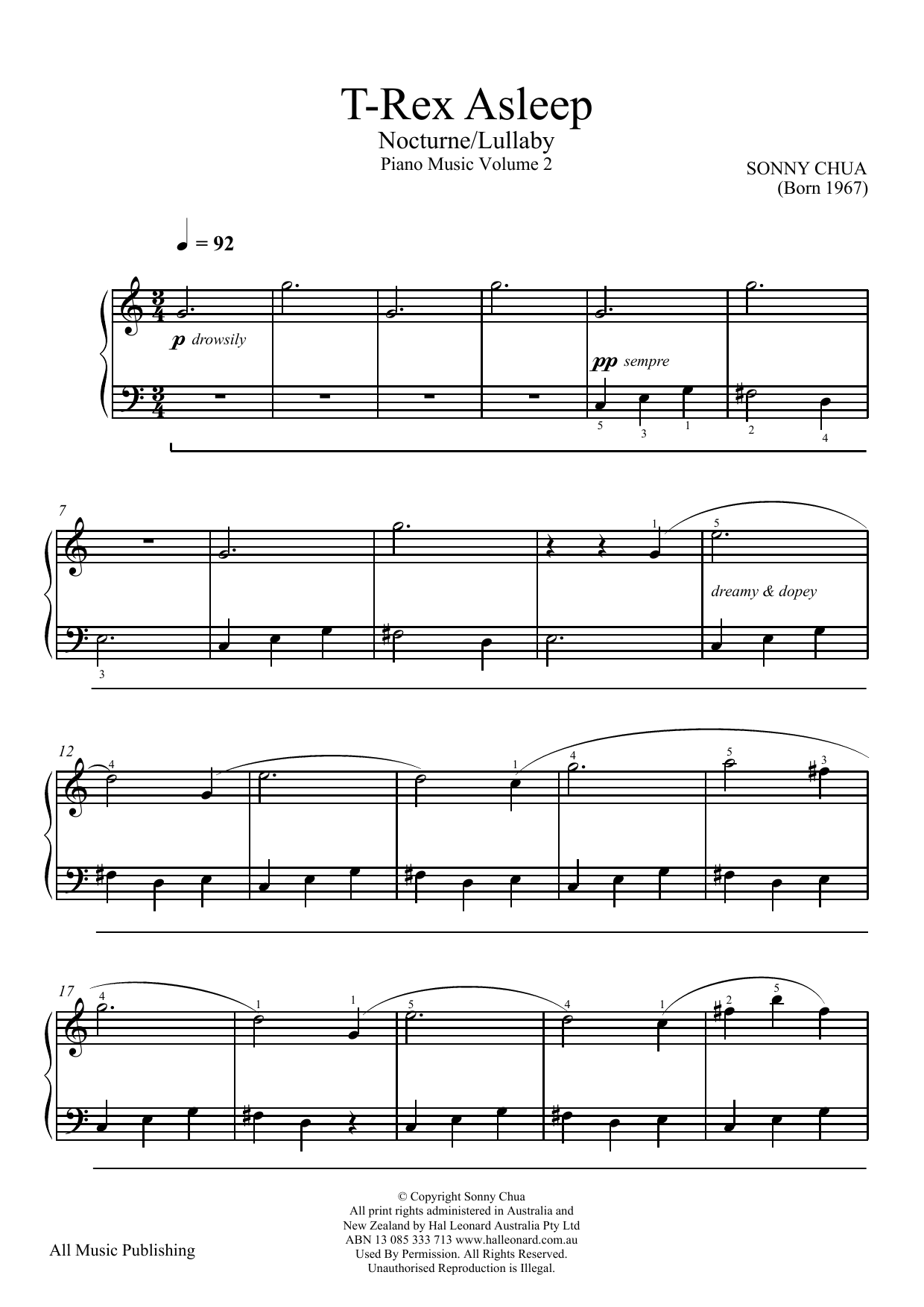 Preview Sonny Chua T-Rex Asleep (From Piano Music Vol 2) Easy Listening sheet music, notes and chords for Piano, SKU: 186288 sheet music, piano notes, chords, guitar tabs, score, transpose, transcribe, how to play, guide, download, learn, tutorial, progression, song, artist, awards, billboard, mtv, vh1, tour, single, album, release