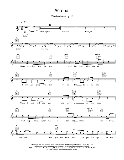 Preview U2 Acrobat Rock sheet music, notes and chords for Melody Line, Lyrics & Chords, SKU: 18632 sheet music, piano notes, chords, guitar tabs, score, transpose, transcribe, how to play, guide, download, learn, tutorial, progression, song, artist, awards, billboard, mtv, vh1, tour, single, album, release