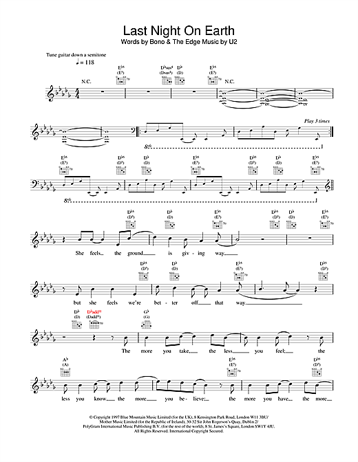 Preview U2 Last Night On Earth Rock sheet music, notes and chords for Melody Line, Lyrics & Chords, SKU: 18634 sheet music, piano notes, chords, guitar tabs, score, transpose, transcribe, how to play, guide, download, learn, tutorial, progression, song, artist, awards, billboard, mtv, vh1, tour, single, album, release
