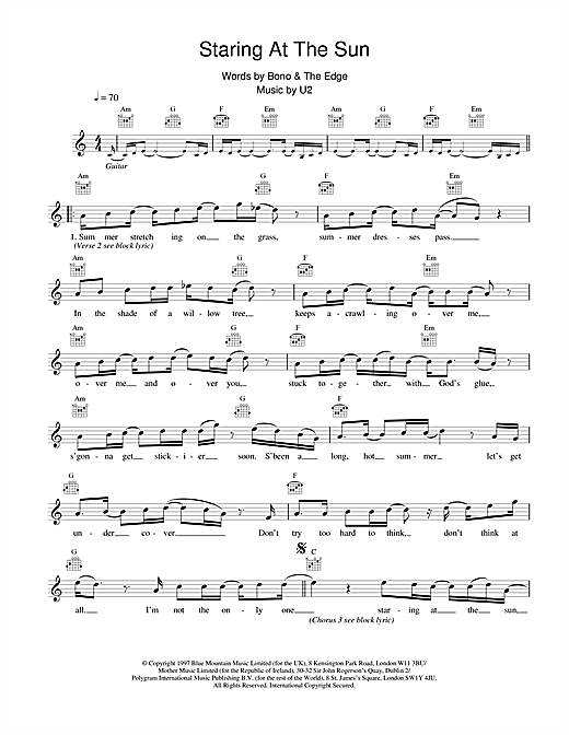 Preview U2 Staring At The Sun Rock sheet music, notes and chords for Melody Line, Lyrics & Chords, SKU: 18635 sheet music, piano notes, chords, guitar tabs, score, transpose, transcribe, how to play, guide, download, learn, tutorial, progression, song, artist, awards, billboard, mtv, vh1, tour, single, album, release
