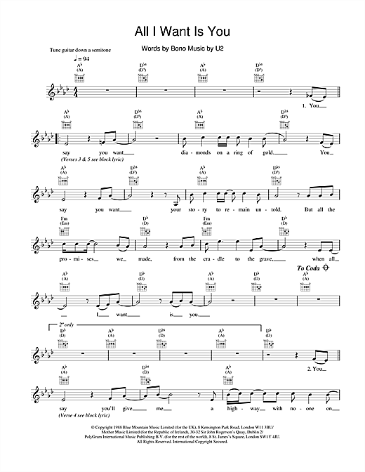 Preview U2 All I Want Is You Rock sheet music, notes and chords for Melody Line, Lyrics & Chords, SKU: 18637 sheet music, piano notes, chords, guitar tabs, score, transpose, transcribe, how to play, guide, download, learn, tutorial, progression, song, artist, awards, billboard, mtv, vh1, tour, single, album, release
