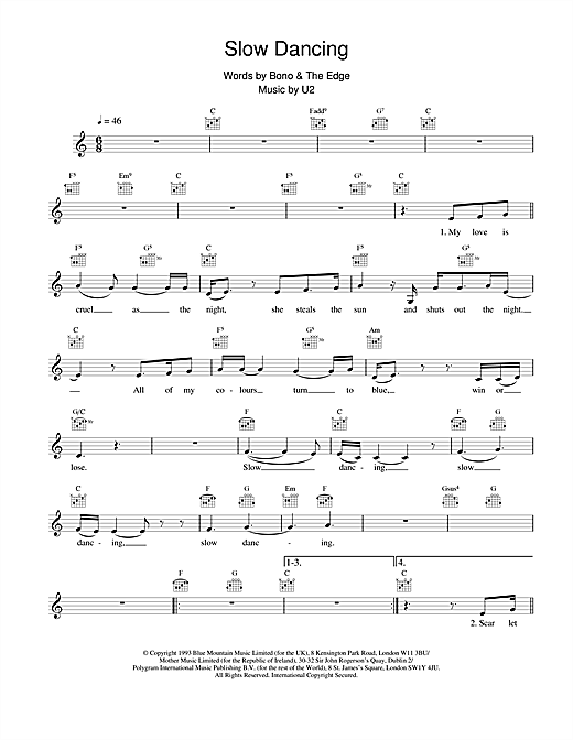 Preview U2 Slow Dancing Rock sheet music, notes and chords for Melody Line, Lyrics & Chords, SKU: 18641 sheet music, piano notes, chords, guitar tabs, score, transpose, transcribe, how to play, guide, download, learn, tutorial, progression, song, artist, awards, billboard, mtv, vh1, tour, single, album, release