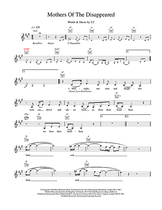 Preview U2 Mothers Of The Disappeared Rock sheet music, notes and chords for Melody Line, Lyrics & Chords, SKU: 18654 sheet music, piano notes, chords, guitar tabs, score, transpose, transcribe, how to play, guide, download, learn, tutorial, progression, song, artist, awards, billboard, mtv, vh1, tour, single, album, release