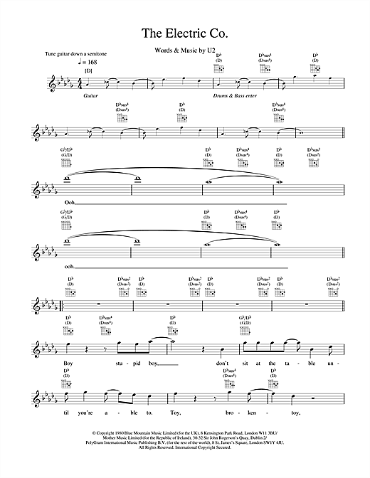 Preview U2 The Electric Co. Rock sheet music, notes and chords for Melody Line, Lyrics & Chords, SKU: 18667 sheet music, piano notes, chords, guitar tabs, score, transpose, transcribe, how to play, guide, download, learn, tutorial, progression, song, artist, awards, billboard, mtv, vh1, tour, single, album, release