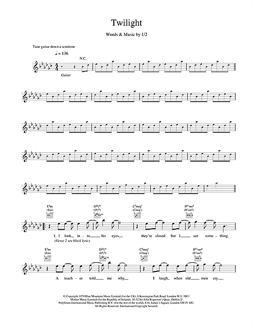 Preview U2 Twilight Rock sheet music, notes and chords for Melody Line, Lyrics & Chords, SKU: 18668 sheet music, piano notes, chords, guitar tabs, score, transpose, transcribe, how to play, guide, download, learn, tutorial, progression, song, artist, awards, billboard, mtv, vh1, tour, single, album, release