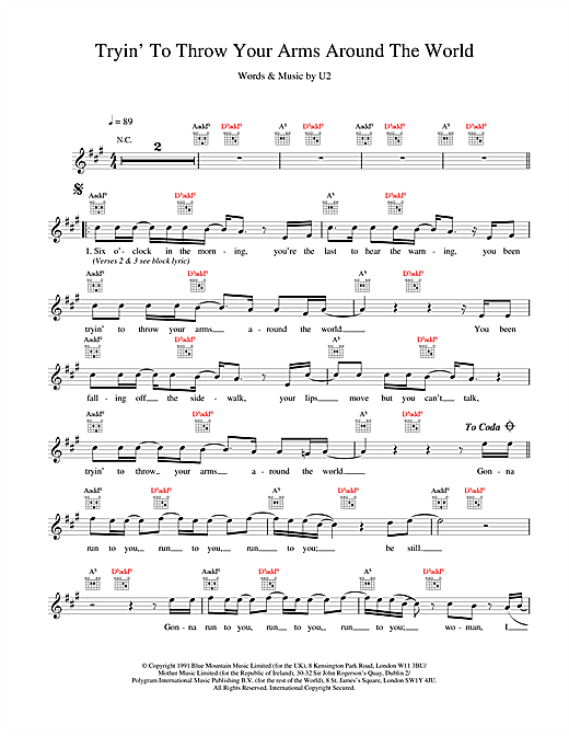 Preview U2 Tryin' To Throw Your Arms Around The World Rock sheet music, notes and chords for Melody Line, Lyrics & Chords, SKU: 18670 sheet music, piano notes, chords, guitar tabs, score, transpose, transcribe, how to play, guide, download, learn, tutorial, progression, song, artist, awards, billboard, mtv, vh1, tour, single, album, release