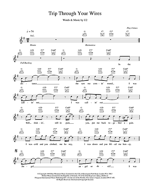 Preview U2 Trip Through Your Wires Rock sheet music, notes and chords for Melody Line, Lyrics & Chords, SKU: 18671 sheet music, piano notes, chords, guitar tabs, score, transpose, transcribe, how to play, guide, download, learn, tutorial, progression, song, artist, awards, billboard, mtv, vh1, tour, single, album, release