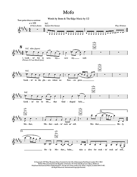 Preview U2 Mofo Rock sheet music, notes and chords for Melody Line, Lyrics & Chords, SKU: 18676 sheet music, piano notes, chords, guitar tabs, score, transpose, transcribe, how to play, guide, download, learn, tutorial, progression, song, artist, awards, billboard, mtv, vh1, tour, single, album, release
