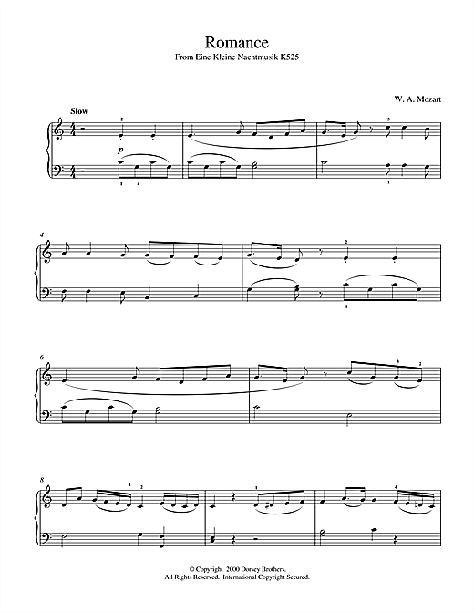 Preview Wolfgang Amadeus Mozart Romance From Eine Kleine Nachtmusik K525 Classical sheet music, notes and chords for Piano, SKU: 18684 sheet music, piano notes, chords, guitar tabs, score, transpose, transcribe, how to play, guide, download, learn, tutorial, progression, song, artist, awards, billboard, mtv, vh1, tour, single, album, release