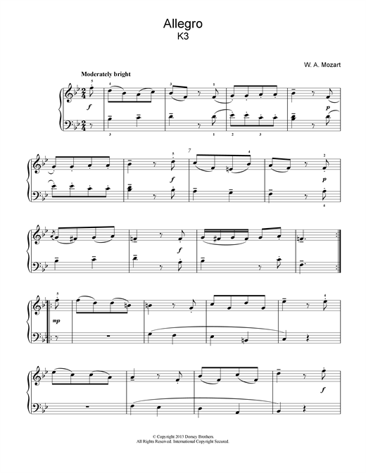 Preview Wolfgang Amadeus Mozart Allegro K3 Classical sheet music, notes and chords for Beginner Piano, SKU: 18691 sheet music, piano notes, chords, guitar tabs, score, transpose, transcribe, how to play, guide, download, learn, tutorial, progression, song, artist, awards, billboard, mtv, vh1, tour, single, album, release