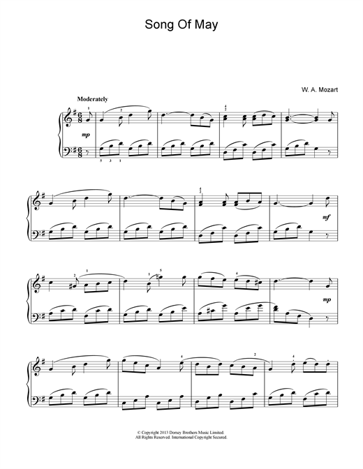 Preview Wolfgang Amadeus Mozart Song Of May Classical sheet music, notes and chords for Piano, SKU: 18700 sheet music, piano notes, chords, guitar tabs, score, transpose, transcribe, how to play, guide, download, learn, tutorial, progression, song, artist, awards, billboard, mtv, vh1, tour, single, album, release