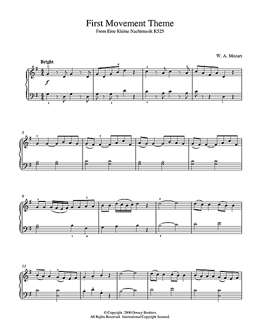 Preview Wolfgang Amadeus Mozart 1st Movement from Eine Kleine Nachtmusik K525 Classical sheet music, notes and chords for Piano, SKU: 18704 sheet music, piano notes, chords, guitar tabs, score, transpose, transcribe, how to play, guide, download, learn, tutorial, progression, song, artist, awards, billboard, mtv, vh1, tour, single, album, release