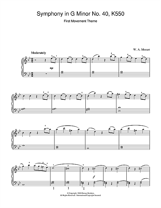 Preview Wolfgang Amadeus Mozart First Movement Theme from Symphony in G Minor No.40 K550 Classical sheet music, notes and chords for Piano, SKU: 18713 sheet music, piano notes, chords, guitar tabs, score, transpose, transcribe, how to play, guide, download, learn, tutorial, progression, song, artist, awards, billboard, mtv, vh1, tour, single, album, release