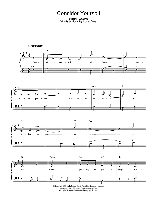 Preview Lionel Bart Consider Yourself (from Oliver!) Musicals sheet music, notes and chords for Piano, SKU: 18718 sheet music, piano notes, chords, guitar tabs, score, transpose, transcribe, how to play, guide, download, learn, tutorial, progression, song, artist, awards, billboard, mtv, vh1, tour, single, album, release