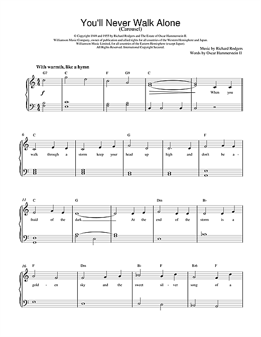 Preview Rodgers & Hammerstein You'll Never Walk Alone (from Carousel) Musicals sheet music, notes and chords for Easy Piano, SKU: 18721 sheet music, piano notes, chords, guitar tabs, score, transpose, transcribe, how to play, guide, download, learn, tutorial, progression, song, artist, awards, billboard, mtv, vh1, tour, single, album, release