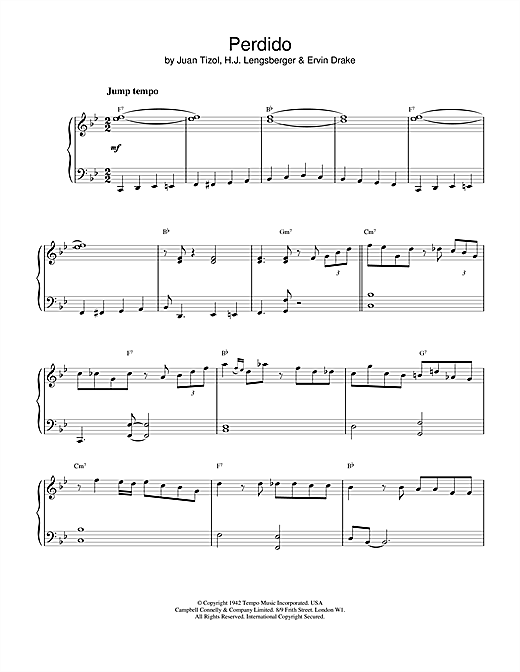 Preview Juan Tizol Perdido Jazz sheet music, notes and chords for Piano, SKU: 18727 sheet music, piano notes, chords, guitar tabs, score, transpose, transcribe, how to play, guide, download, learn, tutorial, progression, song, artist, awards, billboard, mtv, vh1, tour, single, album, release