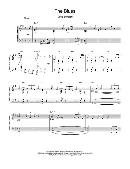 Preview Duke Ellington The Blues Jazz sheet music, notes and chords for Piano, SKU: 18728 sheet music, piano notes, chords, guitar tabs, score, transpose, transcribe, how to play, guide, download, learn, tutorial, progression, song, artist, awards, billboard, mtv, vh1, tour, single, album, release