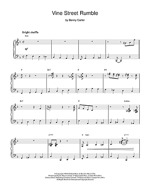 Preview Benny Carter Vine Street Rumble Jazz sheet music, notes and chords for Piano, SKU: 18732 sheet music, piano notes, chords, guitar tabs, score, transpose, transcribe, how to play, guide, download, learn, tutorial, progression, song, artist, awards, billboard, mtv, vh1, tour, single, album, release